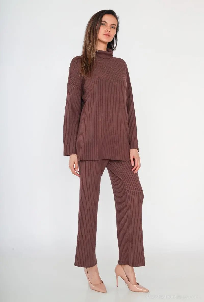 Ensemble épais en maille col roulé chocolat - RIVE GAUCHE