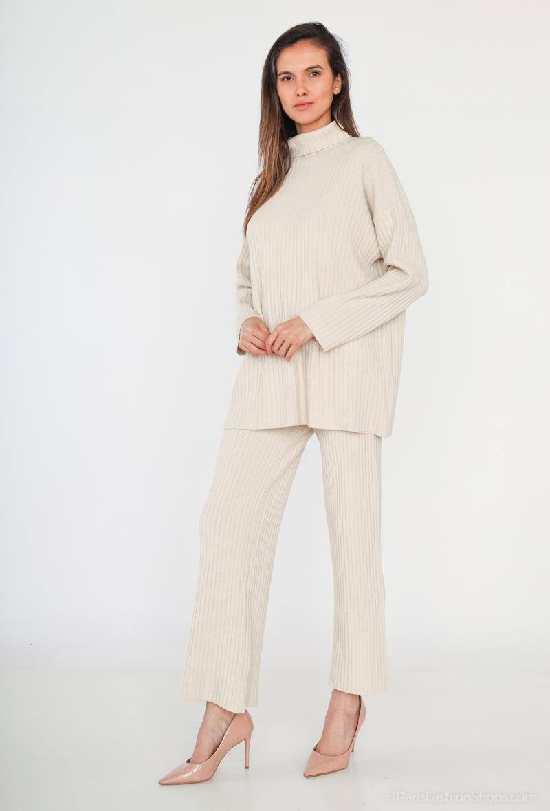 Ensemble épais en maille col roulé écru - RIVE GAUCHE