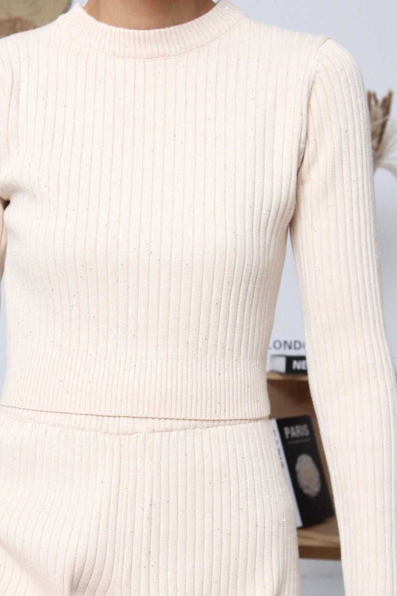 Ensemble pull court et pantalon en maille beige - RIVE GAUCHE
