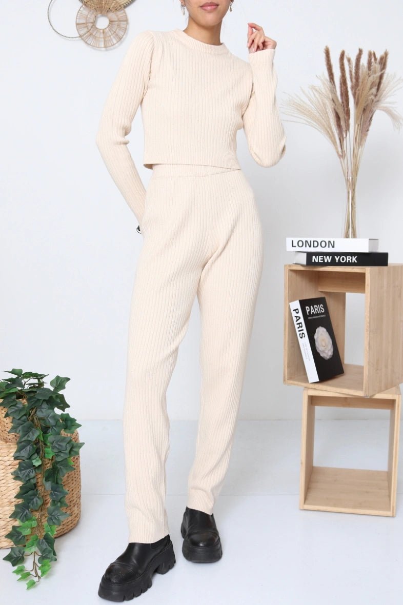 Ensemble pull court et pantalon en maille beige - RIVE GAUCHE