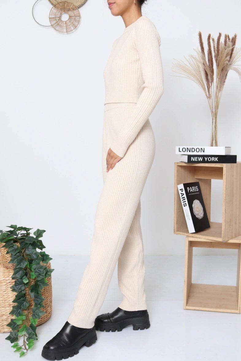 Ensemble pull court et pantalon en maille beige - RIVE GAUCHE