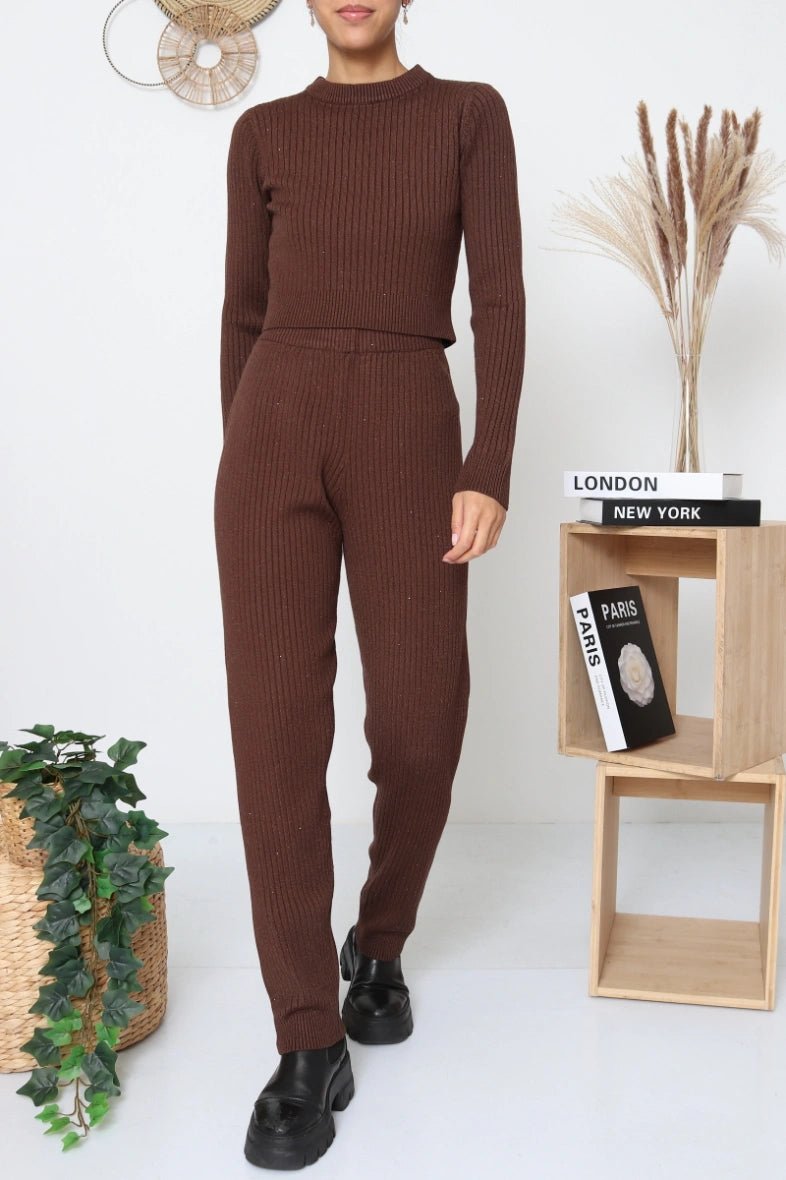 Ensemble pull court et pantalon en maille chocolat - RIVE GAUCHE