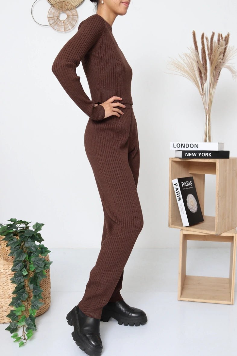 Ensemble pull court et pantalon en maille chocolat - RIVE GAUCHE