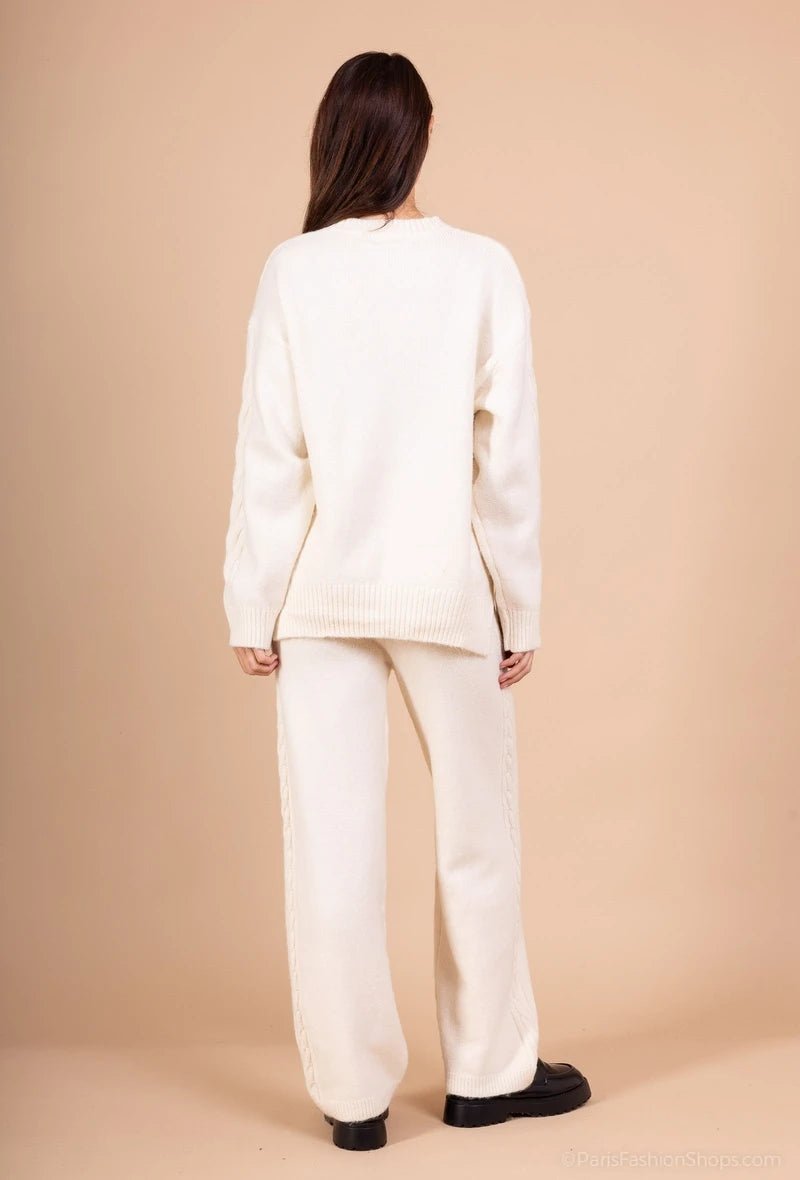 Ensemble pull et pantalon maille écru à détails torsadés - RIVE GAUCHE