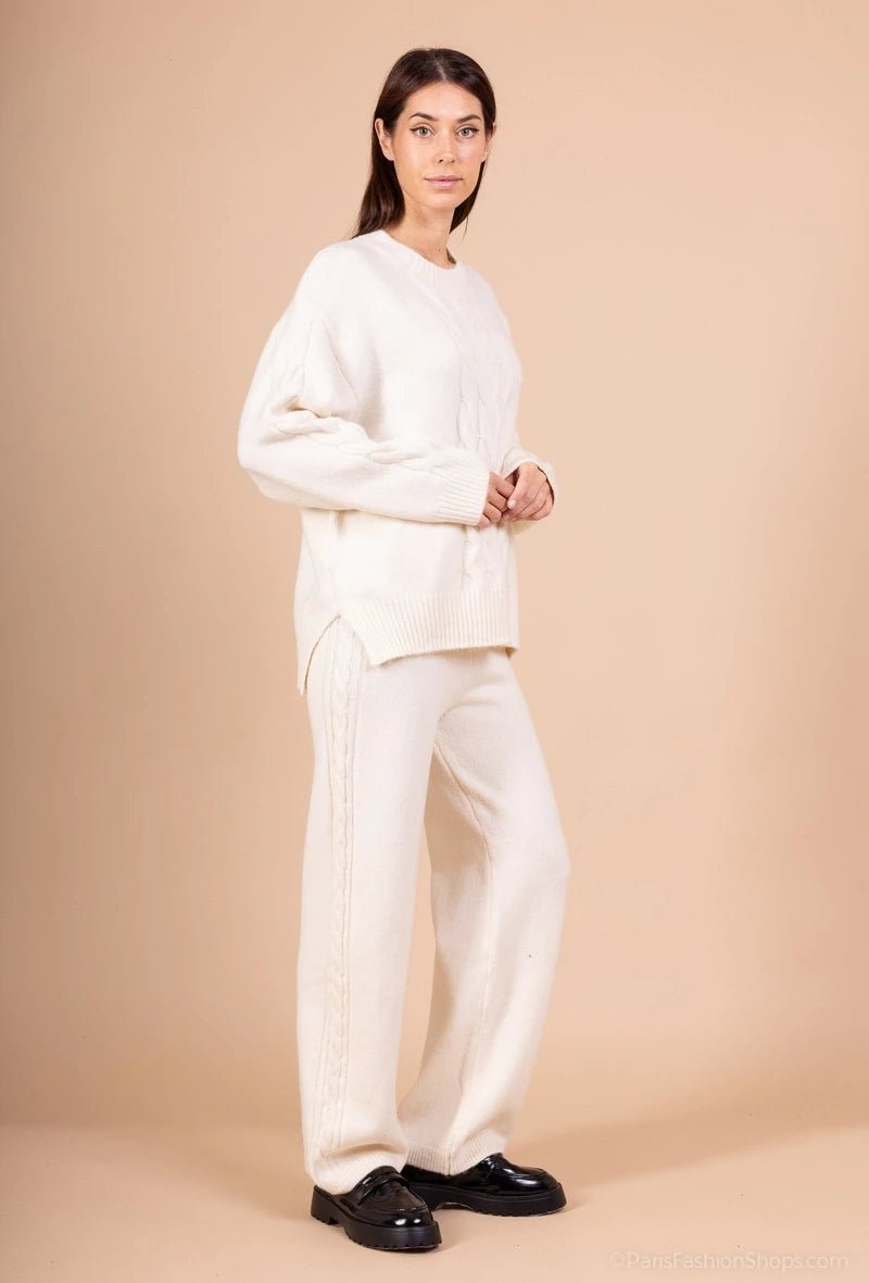 Ensemble pull et pantalon maille écru à détails torsadés - RIVE GAUCHE