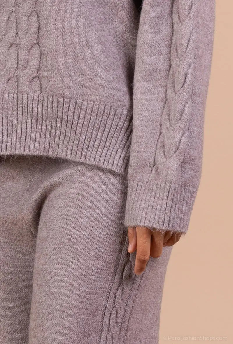 Ensemble pull et pantalon maille taupe à détails torsadés - RIVE GAUCHE