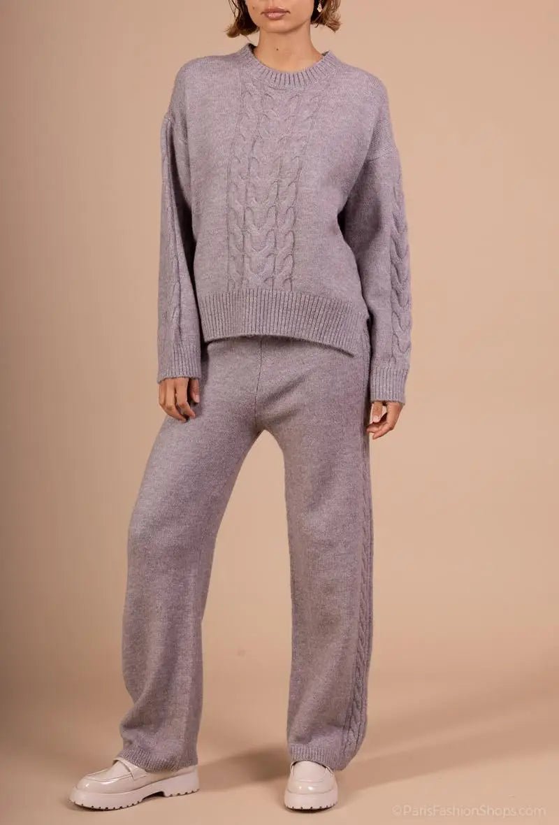 Ensemble pull et pantalon maille taupe à détails torsadés - RIVE GAUCHE