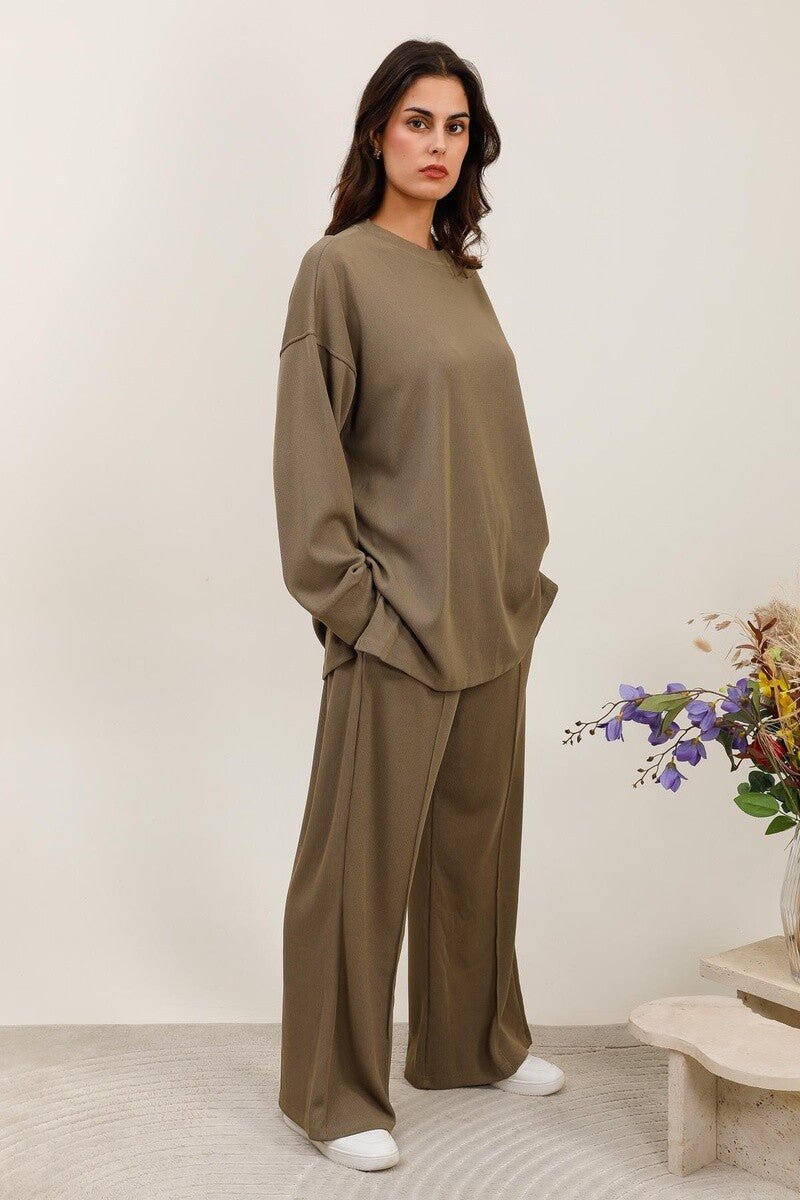 Ensemble pull et pantalon uni kaki avec poches tissu agréable au toucher - RIVE GAUCHE