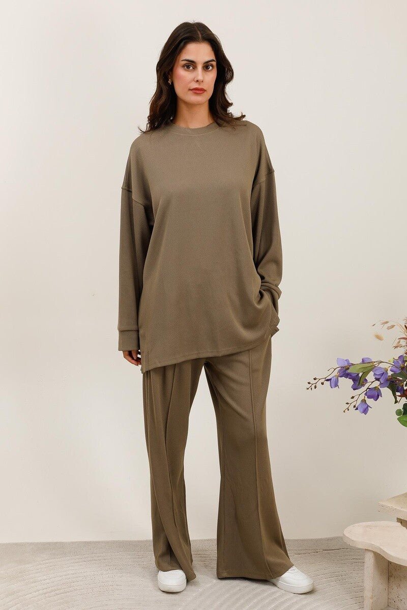 Ensemble pull et pantalon uni kaki avec poches tissu agréable au toucher - RIVE GAUCHE