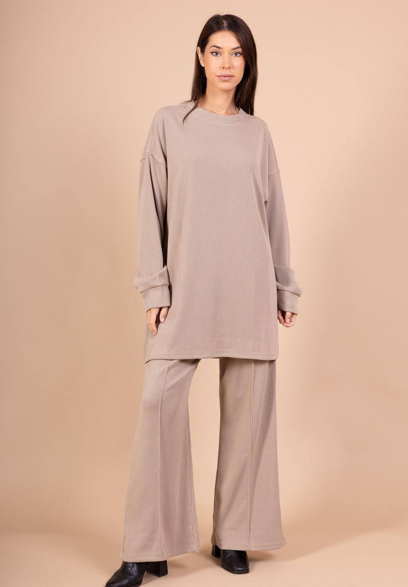Ensemble pull et pantalon uni taupe avec poches tissu agréable au toucher - RIVE GAUCHE
