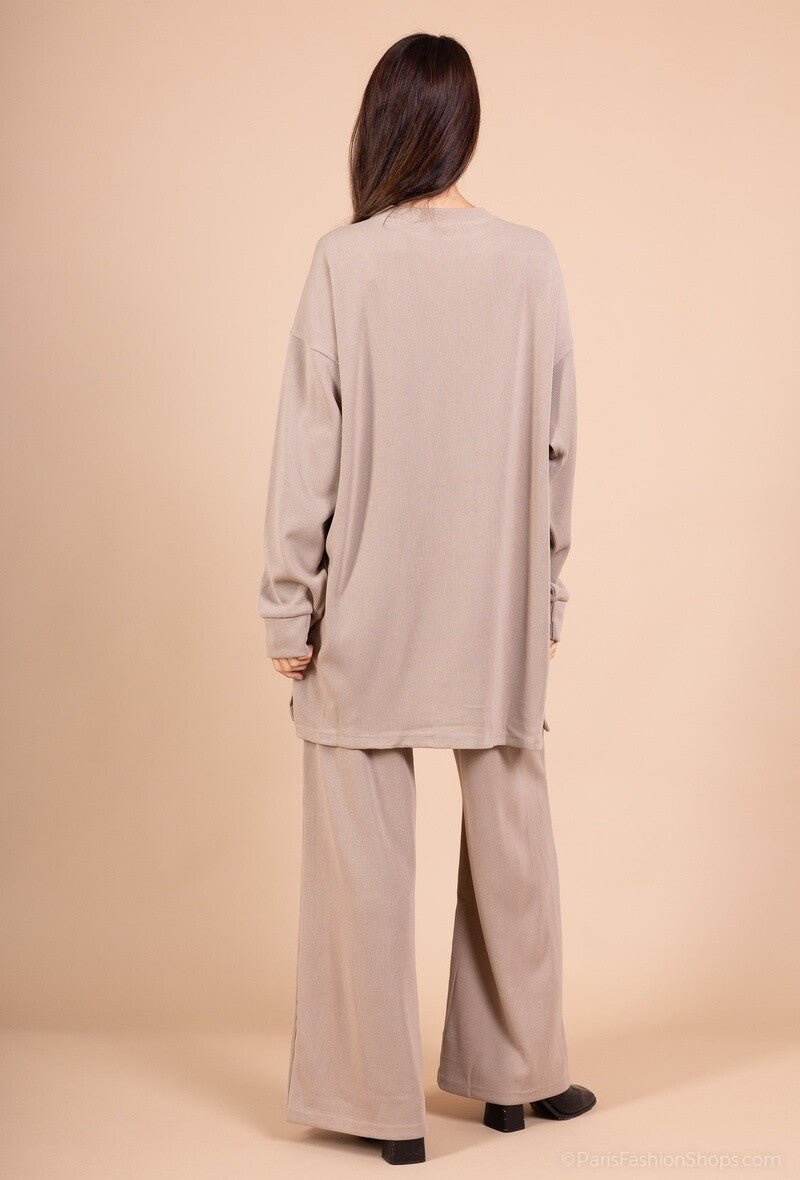 Ensemble pull et pantalon uni taupe avec poches tissu agréable au toucher - RIVE GAUCHE
