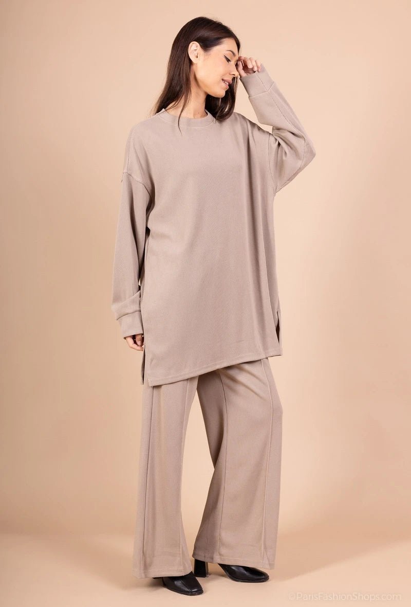 Ensemble pull et pantalon uni taupe avec poches tissu agréable au toucher - RIVE GAUCHE