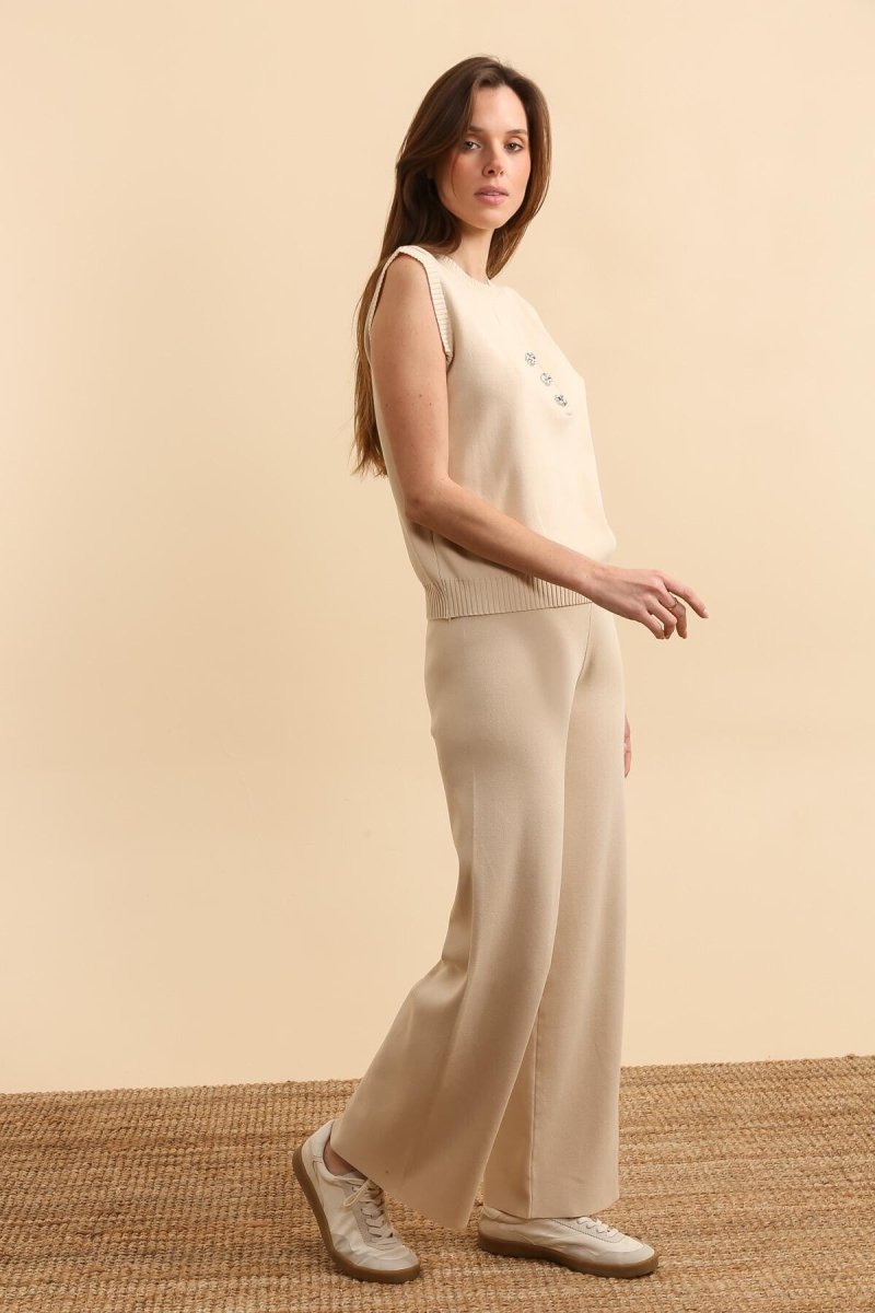 Ensemble pull sans manche et pantalon évasé en maille beige - RIVE GAUCHE