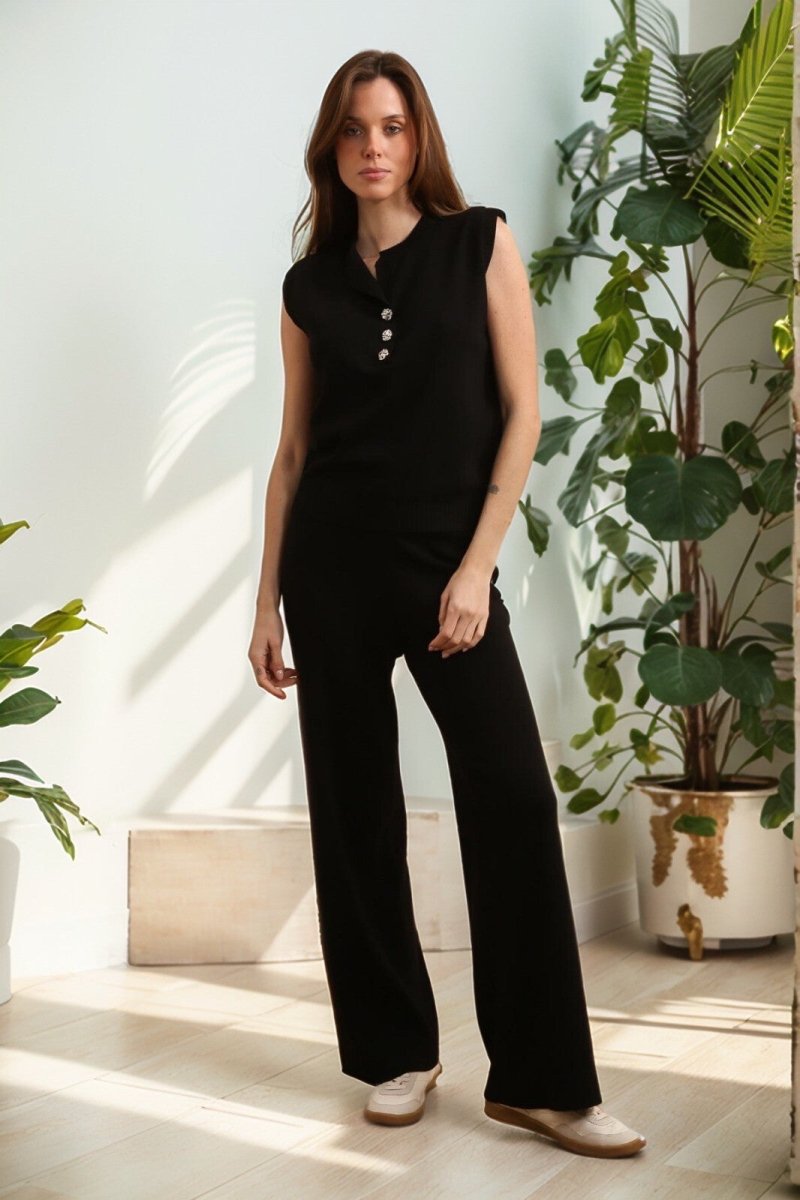 Ensemble pull sans manche et pantalon évasé en maille noir - RIVE GAUCHE