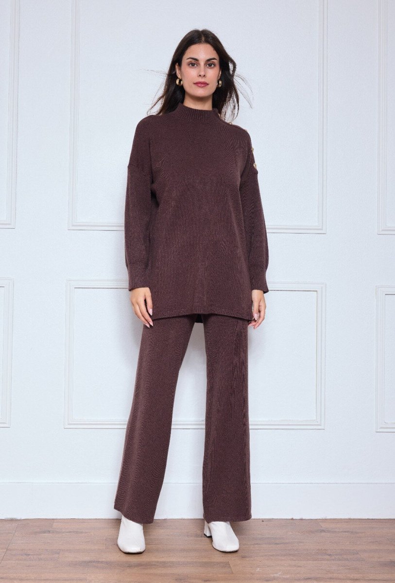 Ensemble top avec boutons sur l’épaule et pantalon chocolat - RIVE GAUCHE