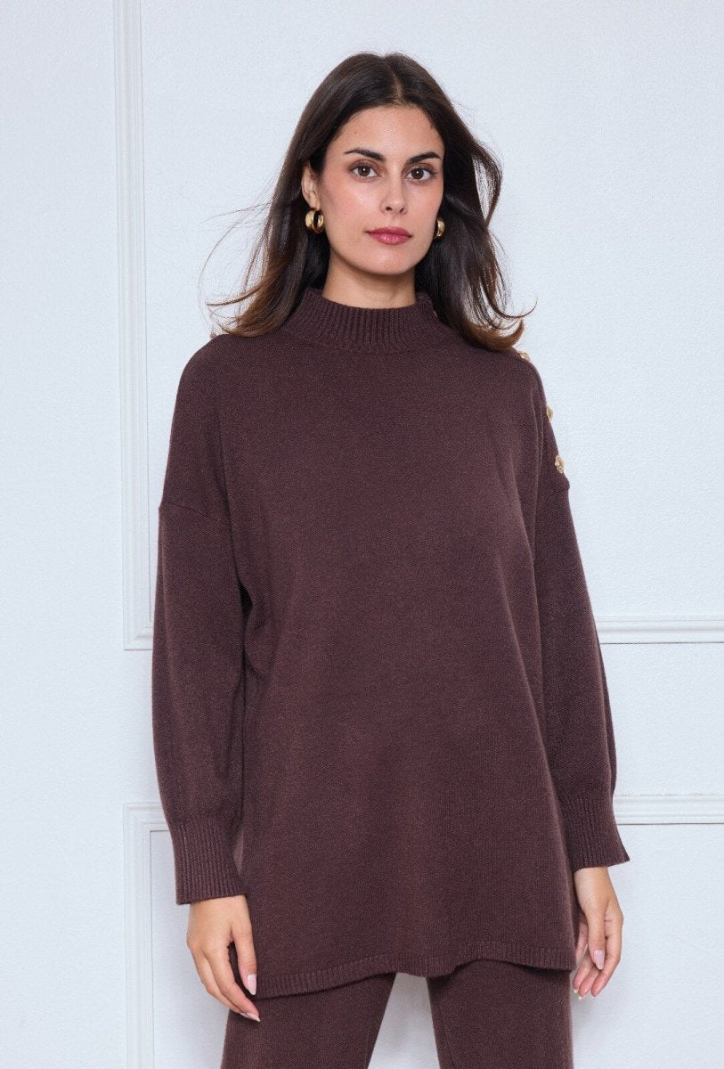 Ensemble top avec boutons sur l’épaule et pantalon chocolat - RIVE GAUCHE