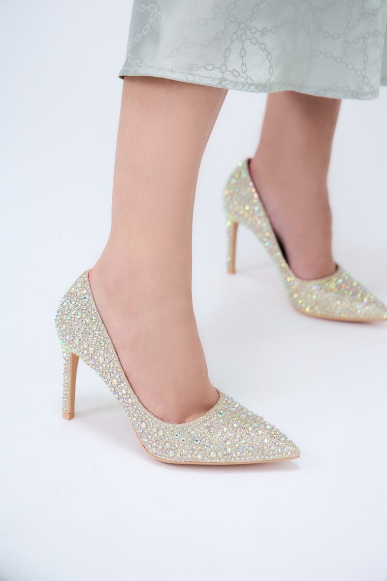 Escarpins de soirée à strass dorés avec talon haut - RIVE GAUCHE