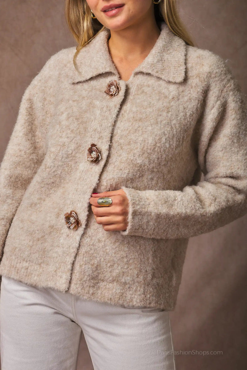 Gilet duveteux avec boutons fleurs taupe - RIVE GAUCHE