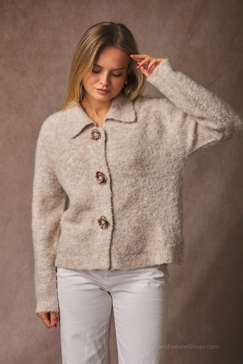Gilet duveteux avec boutons fleurs taupe - RIVE GAUCHE