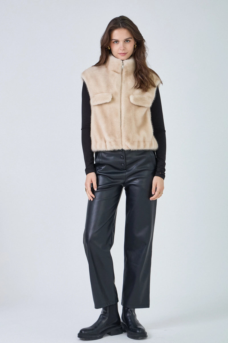 Gilet sans manches en fausse fourrure beige avec poches plaquées - RIVE GAUCHE