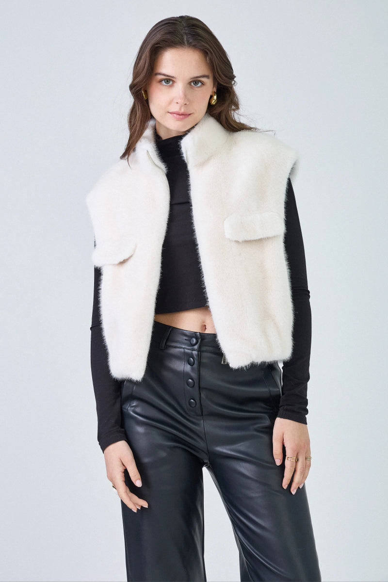 Gilet sans manches en fausse fourrure écru avec poches plaquées - RIVE GAUCHE