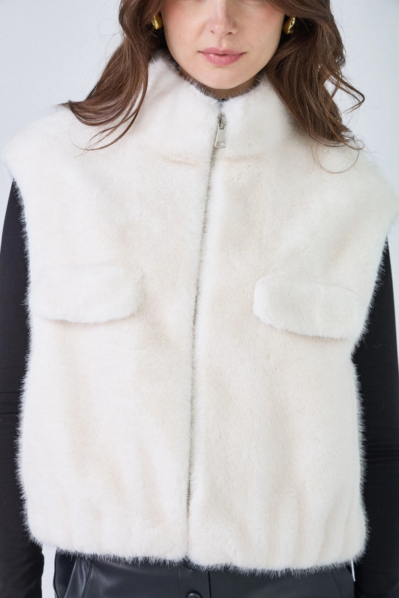 Gilet sans manches en fausse fourrure écru avec poches plaquées - RIVE GAUCHE