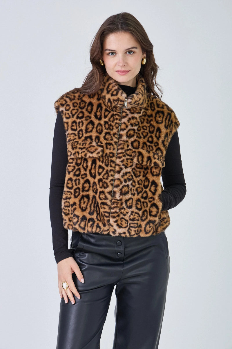 Gilet sans manches en fausse fourrure léopard avec poches plaquées - RIVE GAUCHE