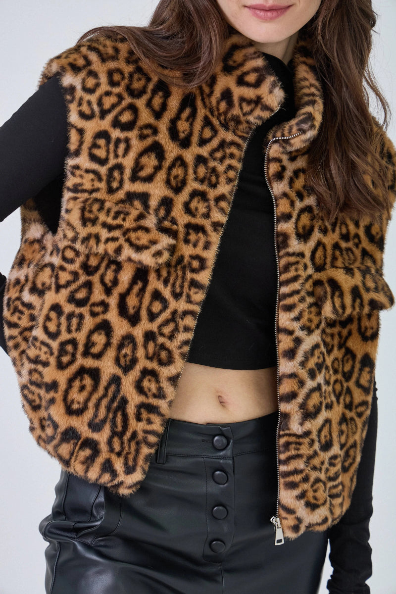 Gilet sans manches en fausse fourrure léopard avec poches plaquées - RIVE GAUCHE