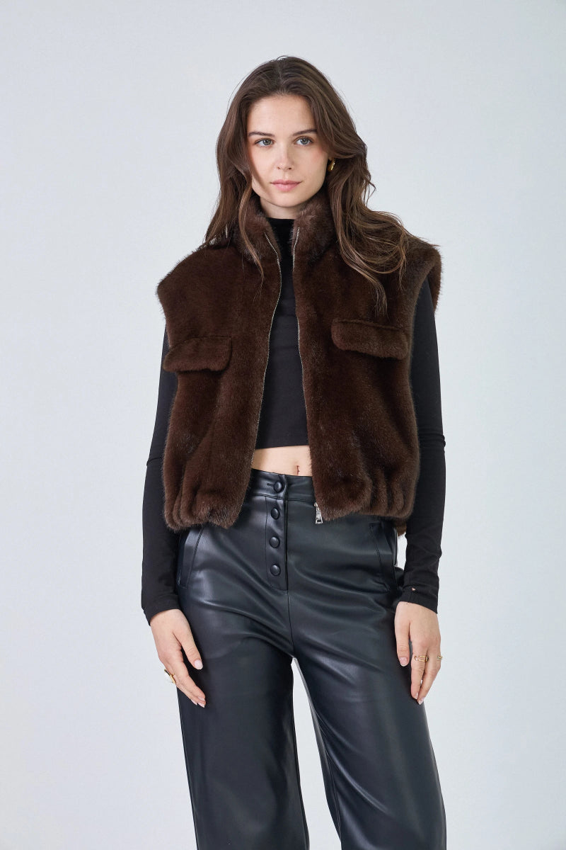 Gilet sans manches en fausse fourrure marron avec poches plaquées - RIVE GAUCHE