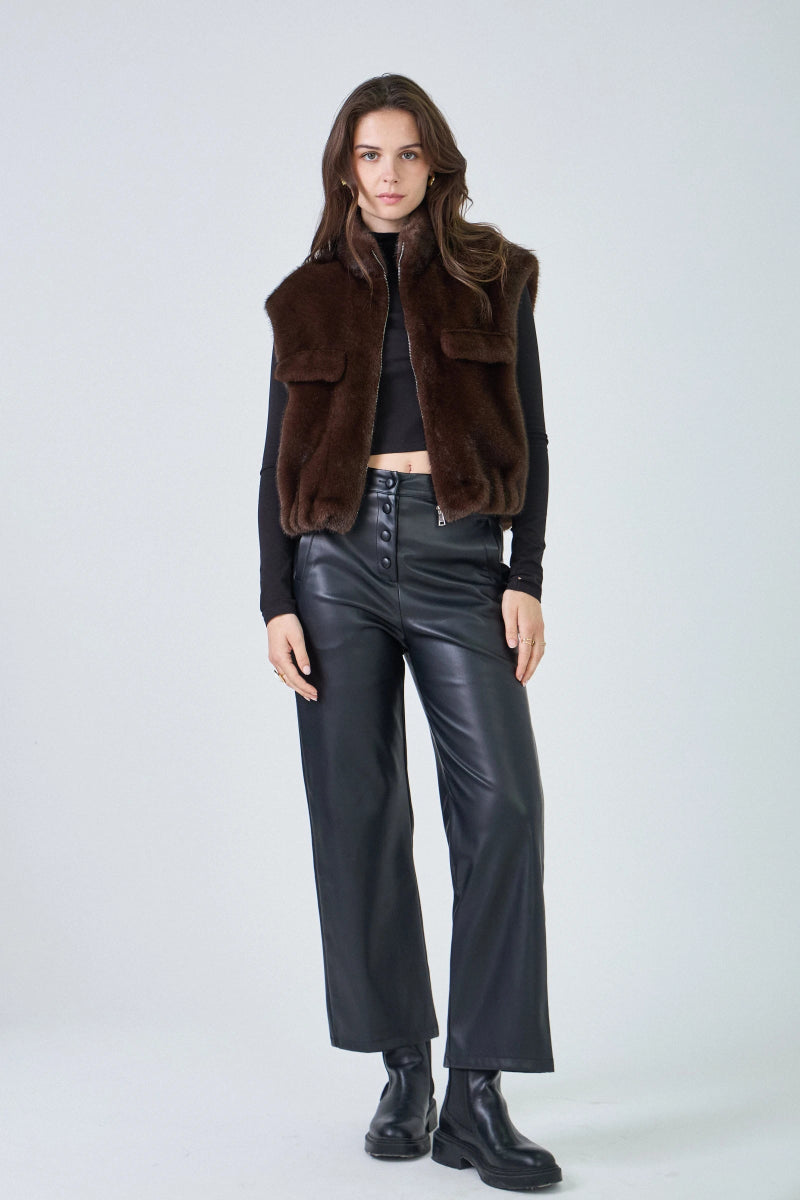 Gilet sans manches en fausse fourrure marron avec poches plaquées - RIVE GAUCHE