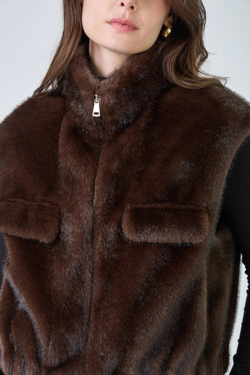 Gilet sans manches en fausse fourrure marron avec poches plaquées - RIVE GAUCHE