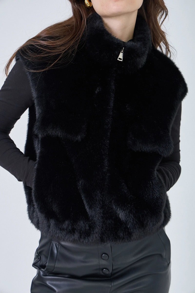 Gilet sans manches en fausse fourrure noir avec poches plaquées - RIVE GAUCHE