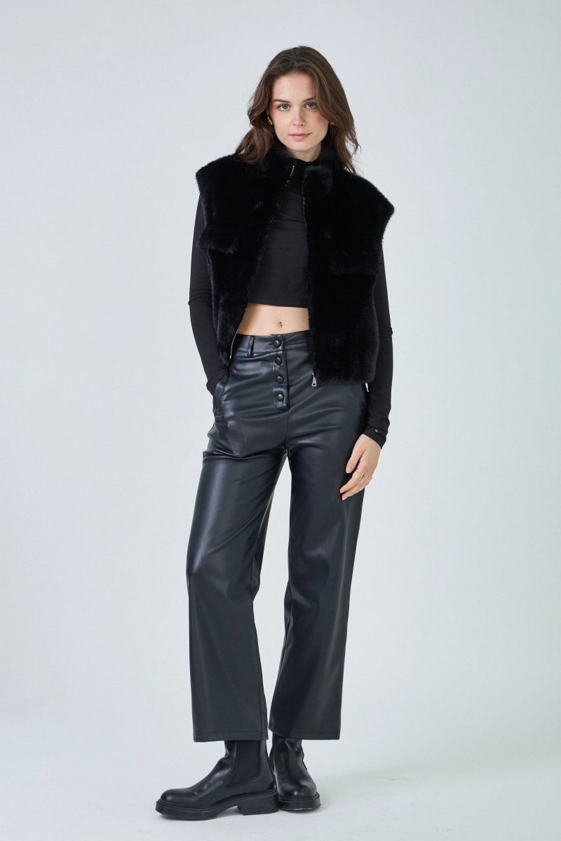 Gilet sans manches en fausse fourrure noir avec poches plaquées - RIVE GAUCHE