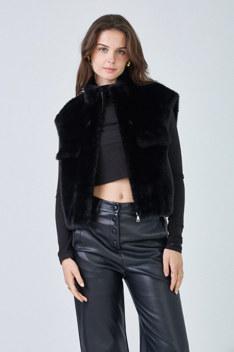 Gilet sans manches en fausse fourrure noir avec poches plaquées - RIVE GAUCHE