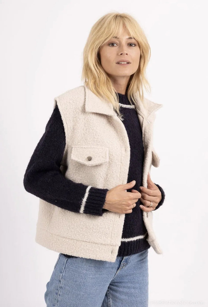 Gilet sans manches en moumoute écru avec poches à rabat - RIVE GAUCHE