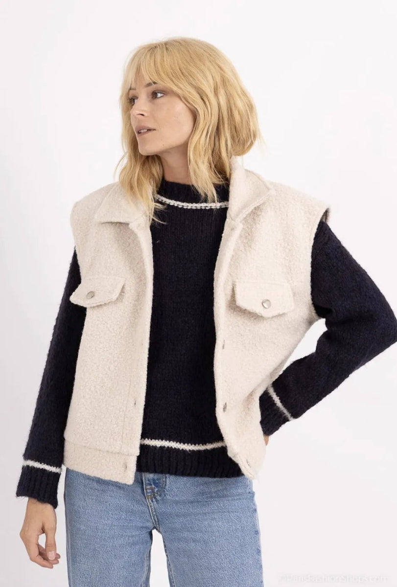 Gilet sans manches en moumoute écru avec poches à rabat - RIVE GAUCHE