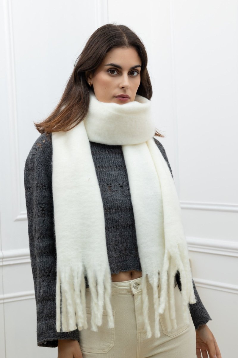 Grosse écharpe à franges en laine blanche - RIVE GAUCHE