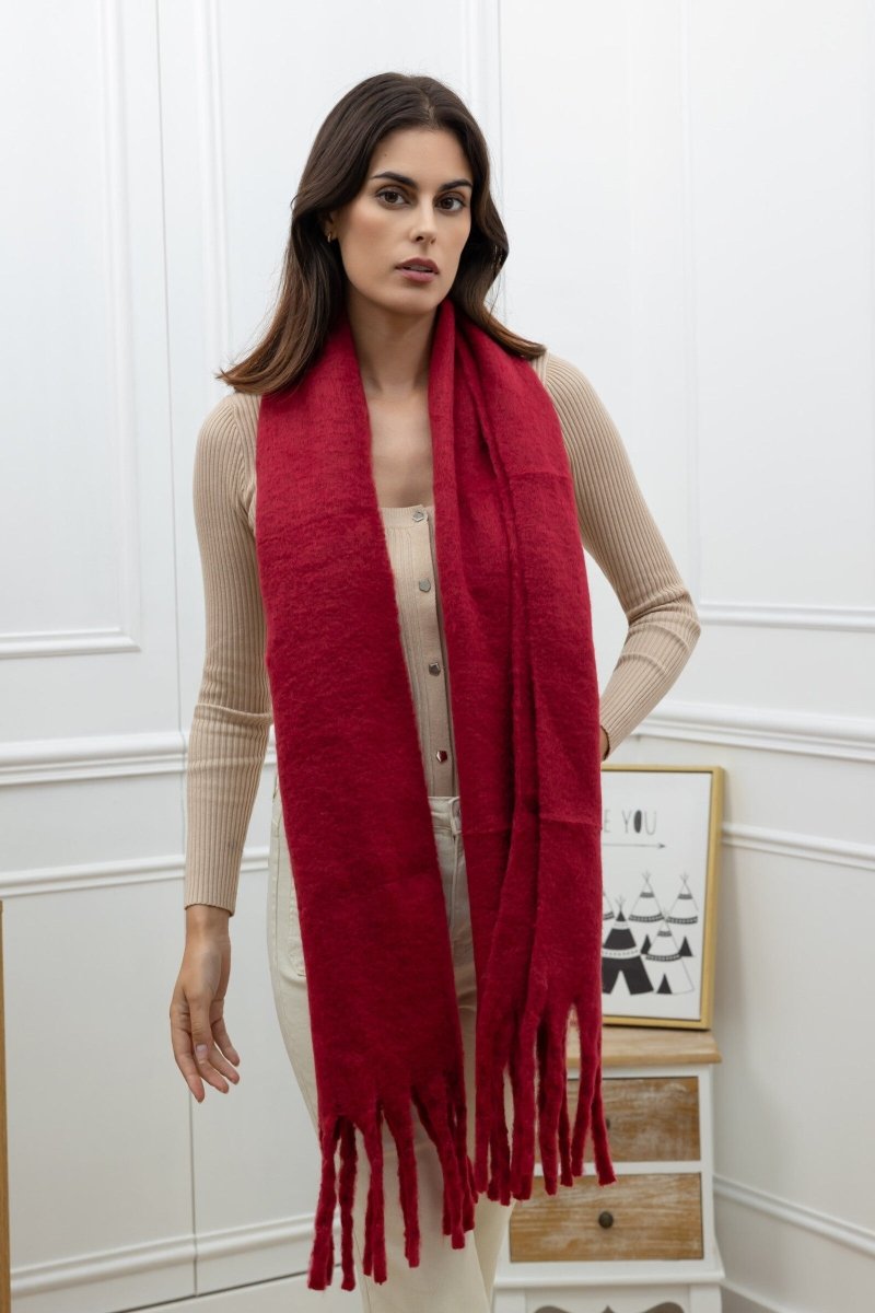 Grosse écharpe à franges en laine bordeaux - RIVE GAUCHE