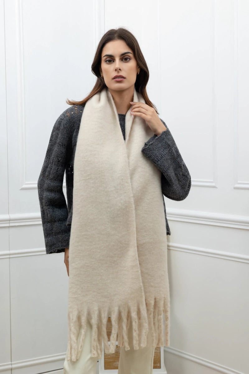 Grosse écharpe à franges en laine écru - RIVE GAUCHE