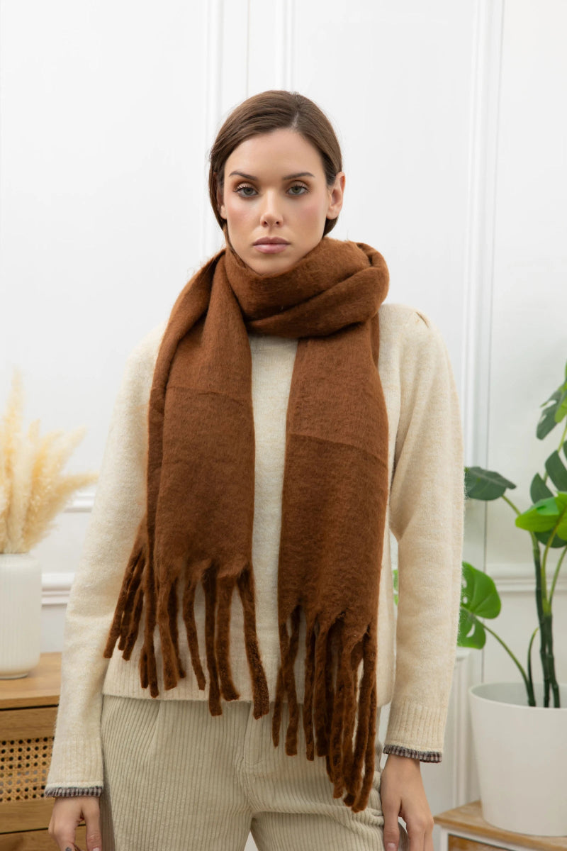 Grosse écharpe à franges en laine marron - RIVE GAUCHE