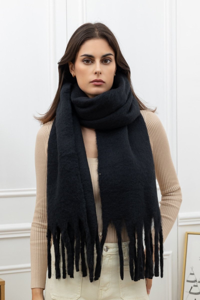 Grosse écharpe à franges en laine noir - RIVE GAUCHE