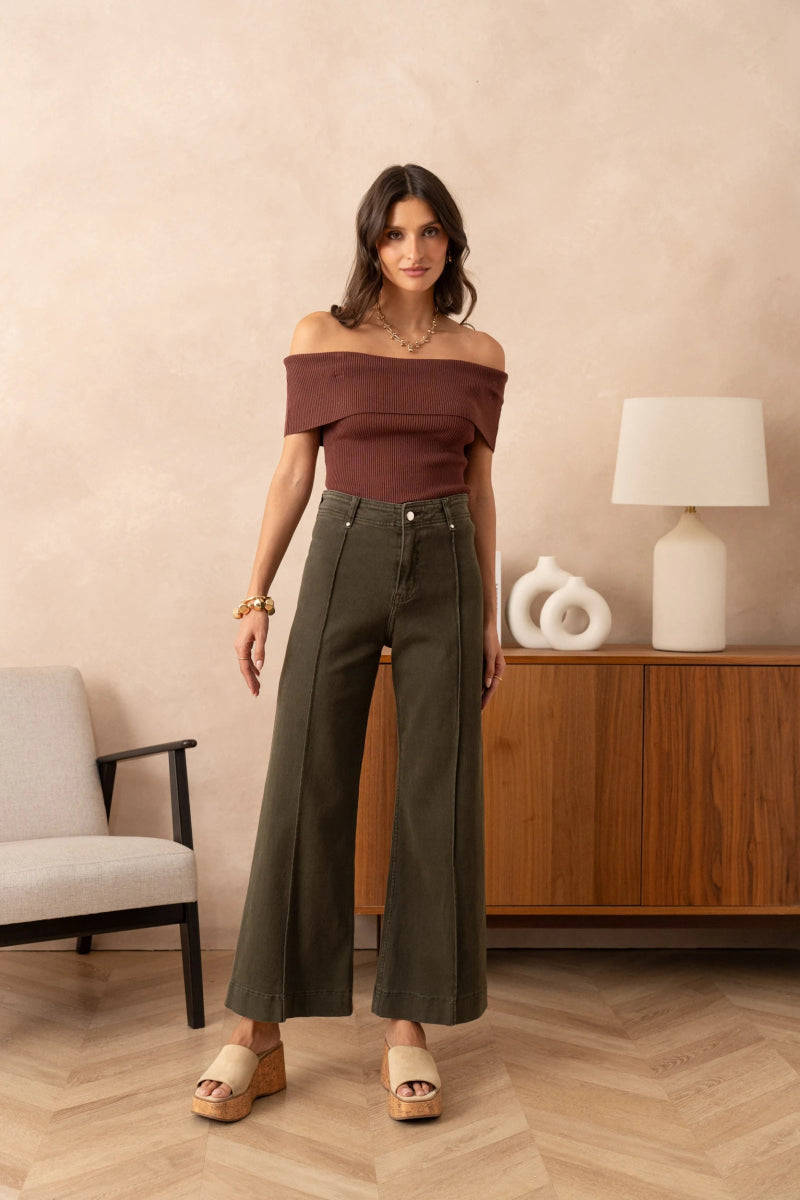 Jean wide leg à couture avant kaki - RIVE GAUCHE