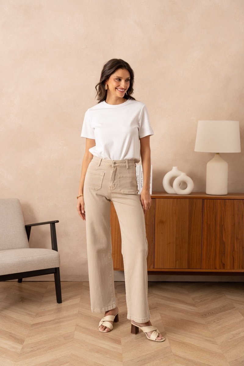 Jean wide leg poches plaquées beige - RIVE GAUCHE