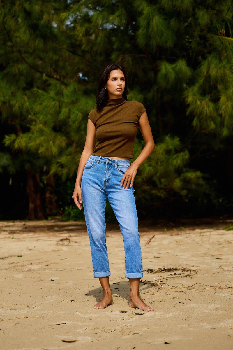 Jeans mom bleu ciel avec ourlets à revers - RIVE GAUCHE