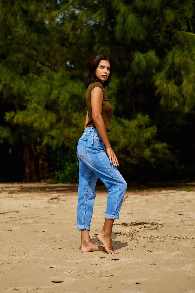 Jeans mom bleu ciel avec ourlets à revers - RIVE GAUCHE