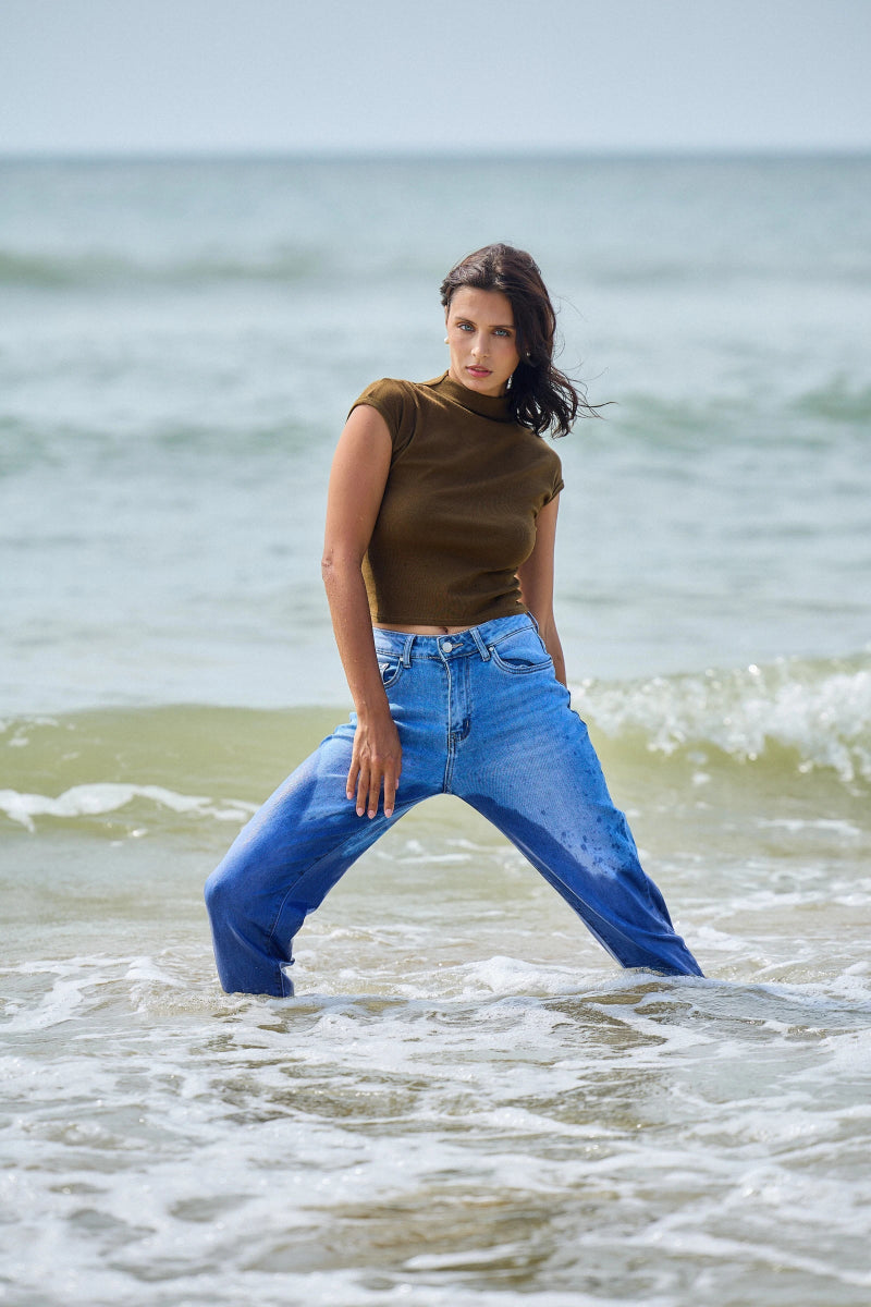 Jeans mom bleu ciel avec ourlets à revers - RIVE GAUCHE