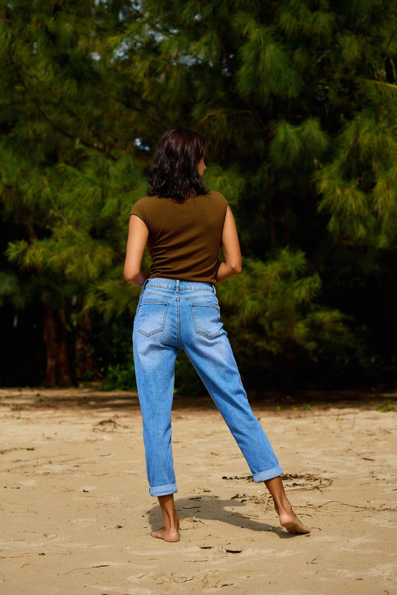 Jeans mom bleu ciel avec ourlets à revers - RIVE GAUCHE