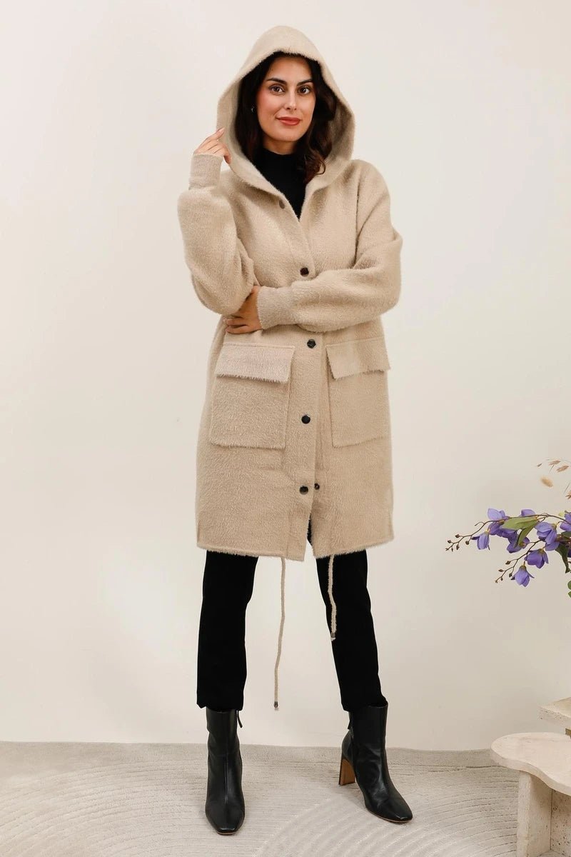 Manteau à capuche en fourrure douce beige - RIVE GAUCHE