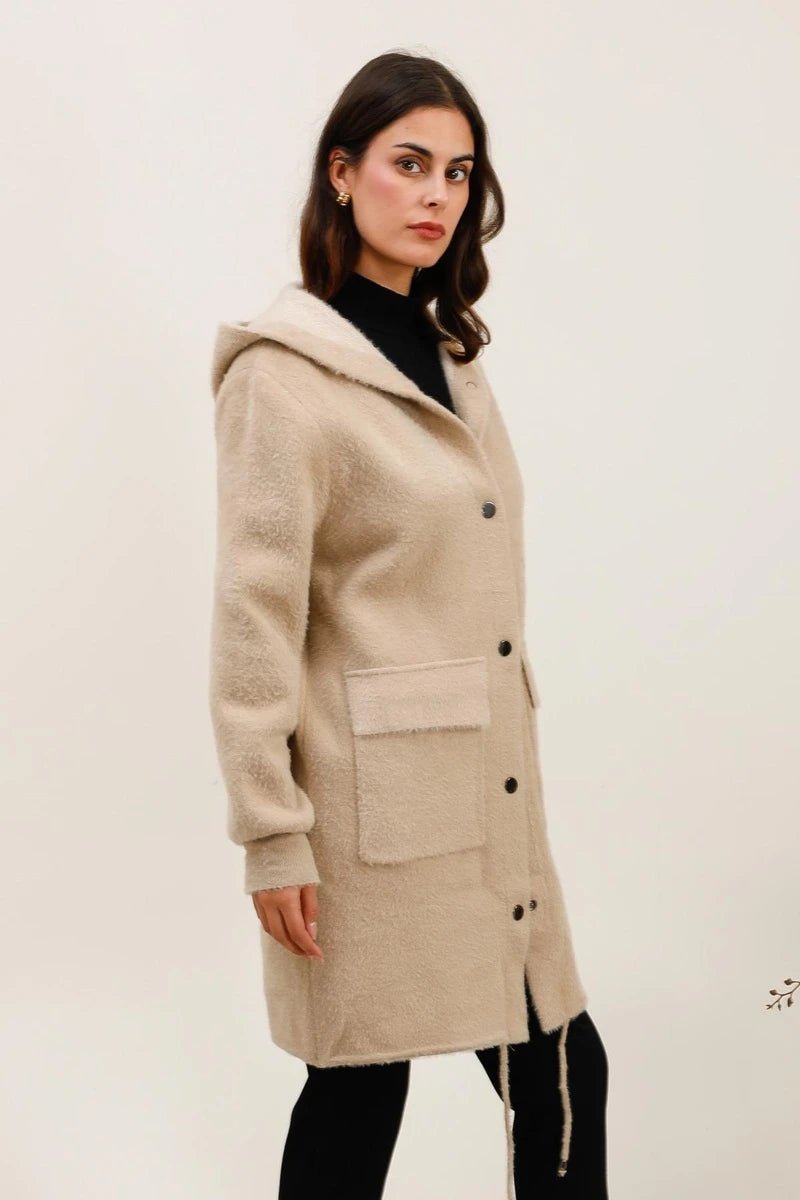 Manteau à capuche en fourrure douce beige - RIVE GAUCHE