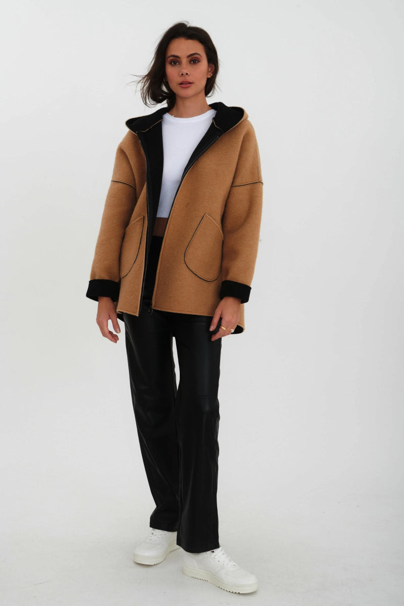 Manteau à capuche en laine camel - RIVE GAUCHE